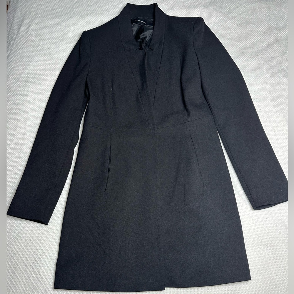 Women Zara Basic Black Longline Tailored Blazer Size S Hook Closure Lined